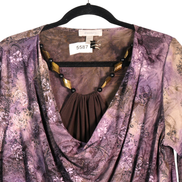 Dressbarn Blouse Womens Size 1X Purple Floral Layered Look Faux Necklace Boho - Picture 2 of 5